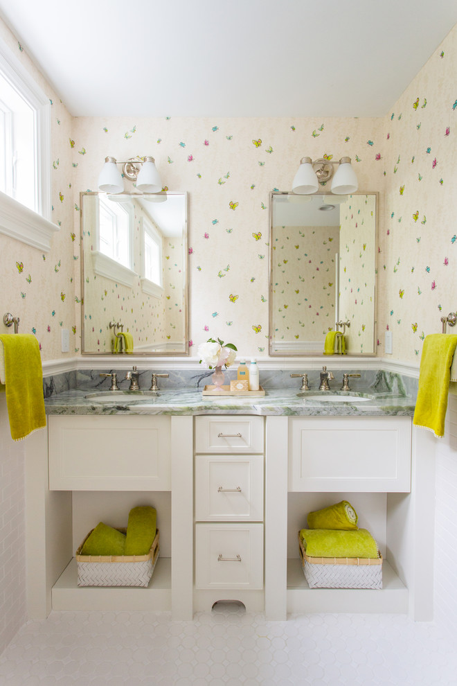 Mid-sized traditional kids bathroom in Boston with multi-coloured walls, an undermount sink and green benchtops.