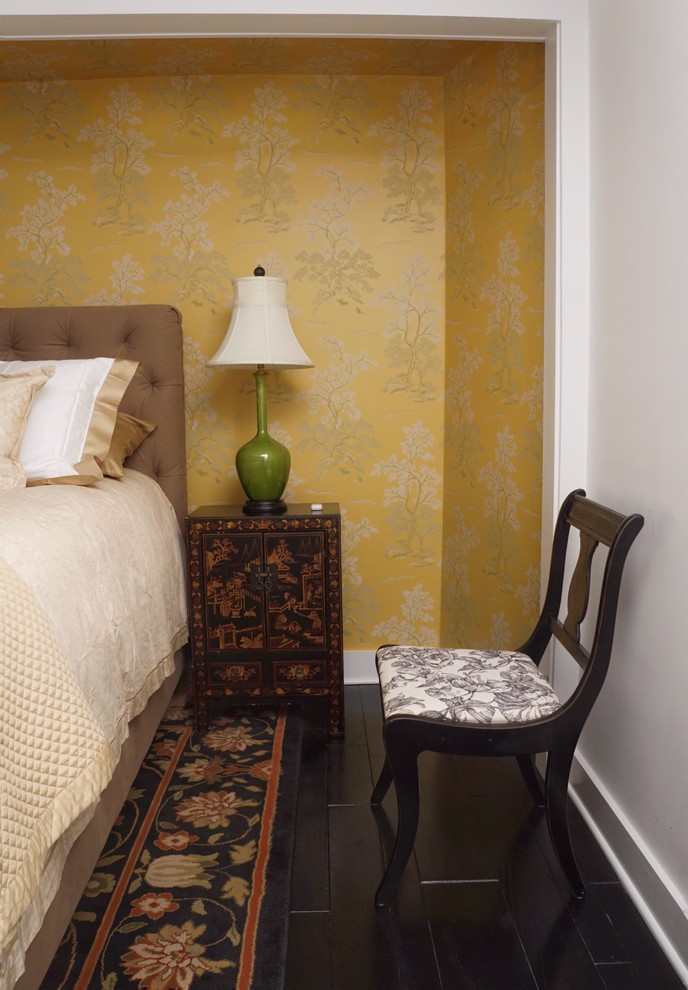 Design ideas for a mid-sized country guest bedroom in New York with yellow walls, carpet and no fireplace.