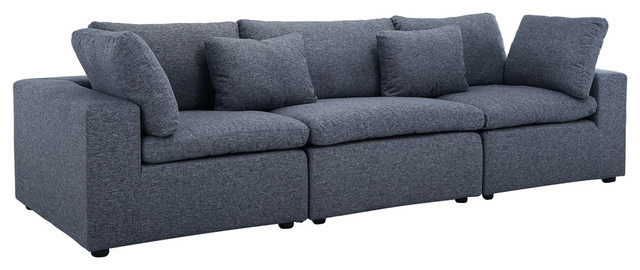 Modern Large Low Profile Sofa In Linen Upholstery 4 Matching Pillows Dark Gray