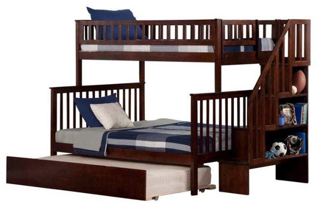 AFI Woodland Twin Over Full Wood Staircase Trundle Bunk Bed in Walnut