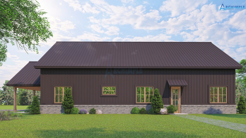 Modelo de fachada de casa negra y negra campestre de tamaño medio de una planta con revestimiento de metal, tejado a dos aguas, tejado de metal y panel y listón