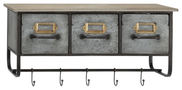 Metal Wall Shelf With Three Drawers And Five Coat Hooks