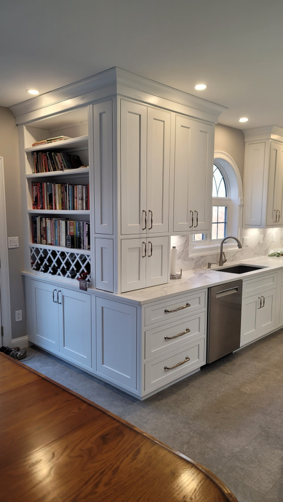 Contemporary White Kitchen - Waterfall Island