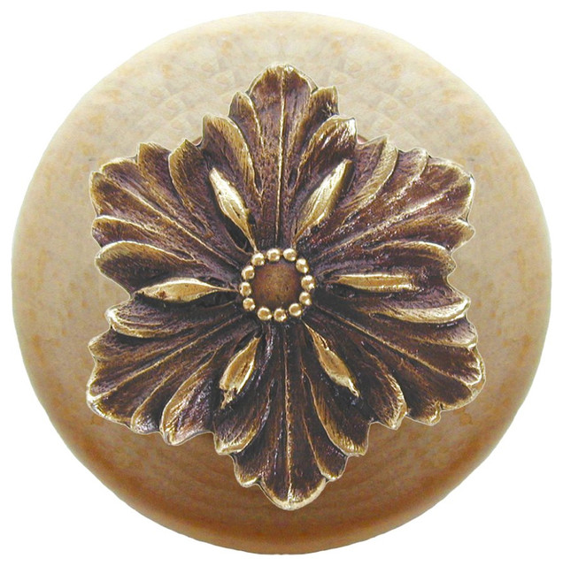 Notting Hill Opulent Flower/Natural Wood Knob - Antique Brass