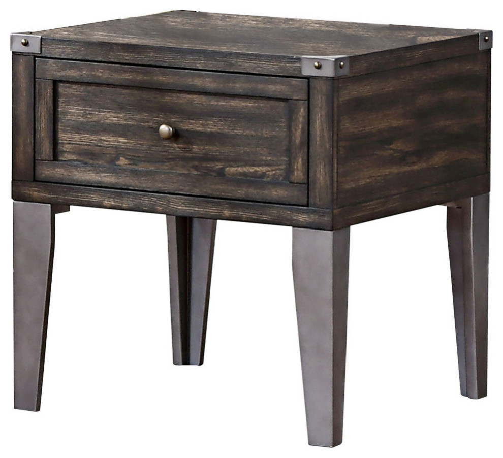1 Drawer Wooden End Table With Metal Angled Legs, Brown Industrial