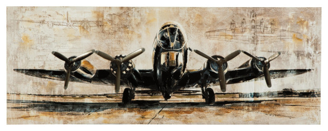 Gallery Wrapped Canvas Wall Art With Airplane Print, Brown And Black