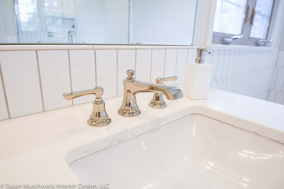 Example of a large transitional master white tile and ceramic tile porcelain tile, white floor and double-sink freestanding bathtub design with shaker cabinets, gray cabinets, a two-piece toilet, white walls, an undermount sink, quartz countertops, a hinged shower door, white countertops and a built-in vanity