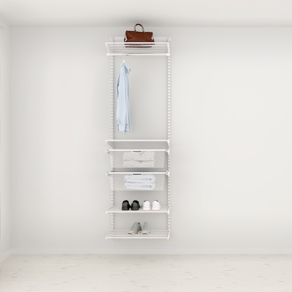 This is an example of a small scandinavian gender-neutral walk-in wardrobe in Other with open cabinets, red cabinets, laminate floors, beige floor and wallpaper.