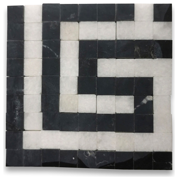 Greek Key Thassos White Nero Marquina Black Marble Mosaic Corner Tile ...