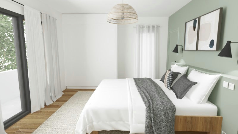 Imagen de dormitorio principal y blanco y madera moderno de tamaño medio con suelo de madera oscura, suelo marrón y boiserie