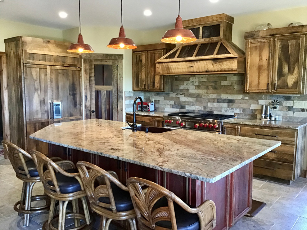 Inspiration for a large rustic single-wall eat-in kitchen remodel with a farmhouse sink and an island