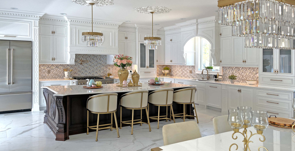 Large traditional u-shaped eat-in kitchen in New York with an integrated sink, shaker cabinets, white cabinets, quartz benchtops, grey splashback, engineered quartz splashback, stainless steel appliances, marble floors, with island, white floor, white benchtop and coffered.