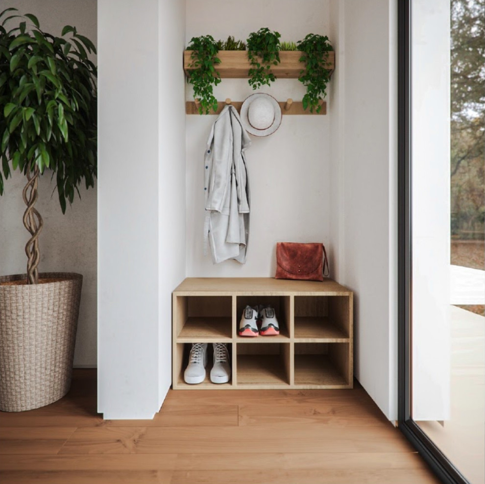 Idee per uno studio yoga contemporaneo di medie dimensioni con pareti marroni, pavimento in vinile e pavimento marrone