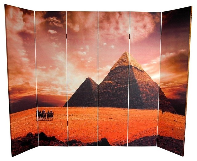Oriental Furniture Double Sided Egyptian Pyramid Canvas 6 Panel Room Divider,
