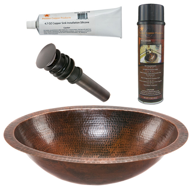 19" Oval Under Counter Hammered Copper Bathroom Sink, Drain
