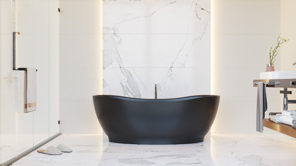 Aménagement d'une grande salle de bain principale contemporaine avec une baignoire indépendante, un carrelage noir et blanc, du carrelage en marbre, un sol en marbre, un sol noir, une cabine de douche à porte battante et meuble double vasque.