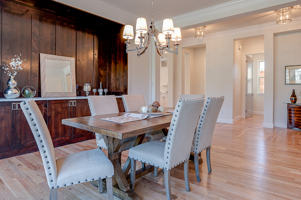 Inspiration for a mid-sized transitional separate dining room in Dallas with beige walls, light hardwood floors, no fireplace and yellow floor.