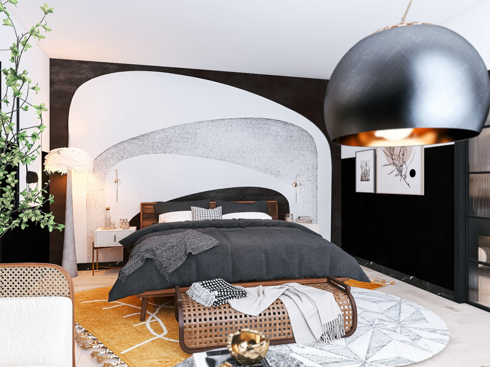 На фото: большая хозяйская спальня в восточном стиле с черными стенами, светлым паркетным полом, подвесным камином, бежевым полом и панелями на стенах с