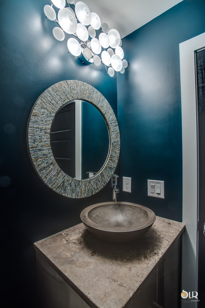 Alcove bathtub - transitional 3/4 dark wood floor and beige floor alcove bathtub idea with flat-panel cabinets, light wood cabinets and gray walls
