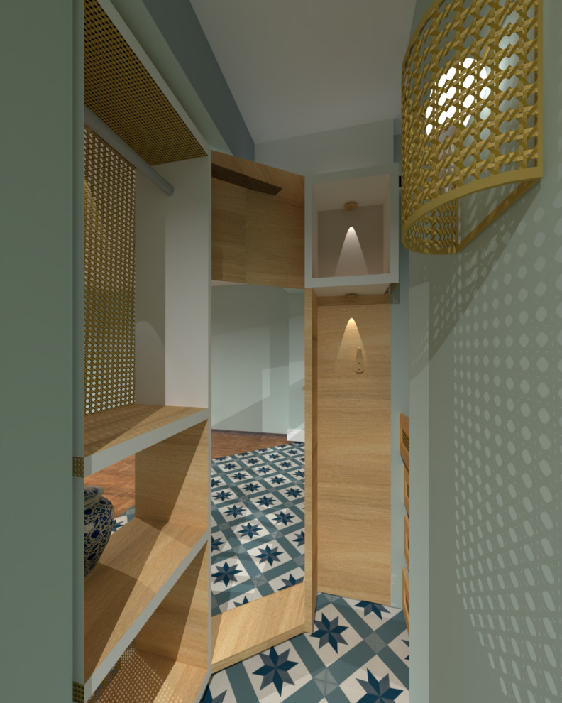 Modern inredning av ett litet walk-in-closet för könsneutrala, med skåp i ljust trä, vinylgolv och turkost golv
