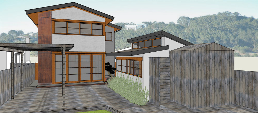 Idéer för en modern uteplats på baksidan av huset, med en pergola