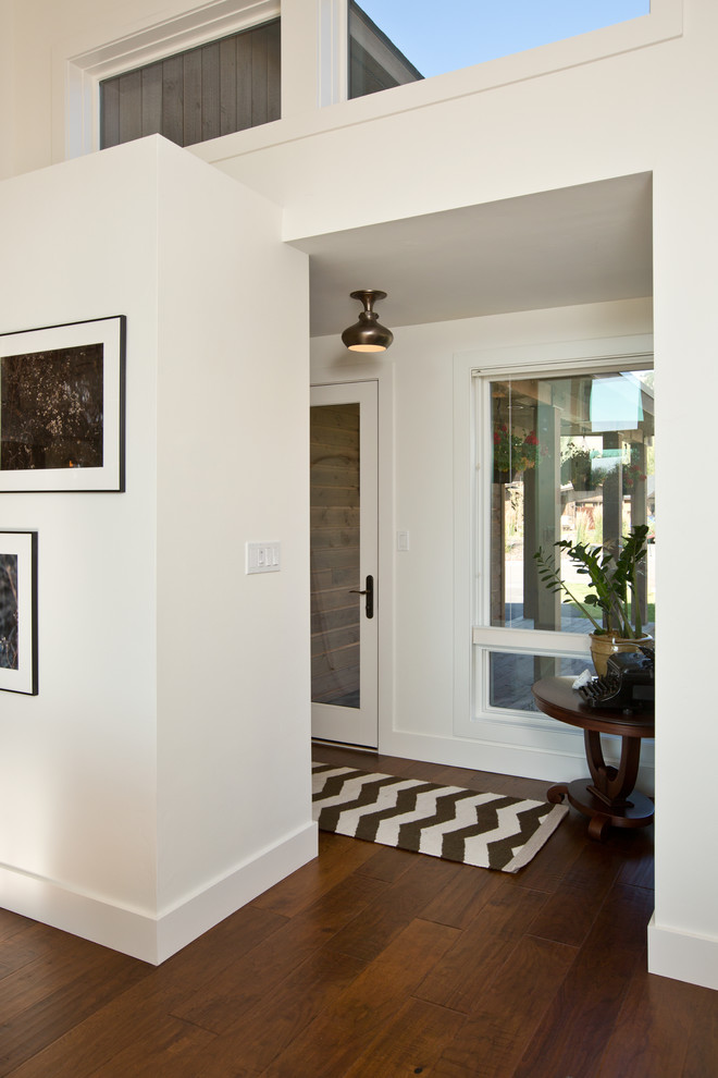 Foyer - transitional dark wood floor foyer idea with white walls