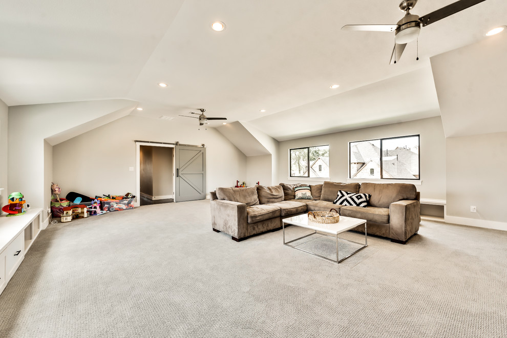 Photo of a country kids' playroom in Dallas with beige walls, carpet and beige floor.