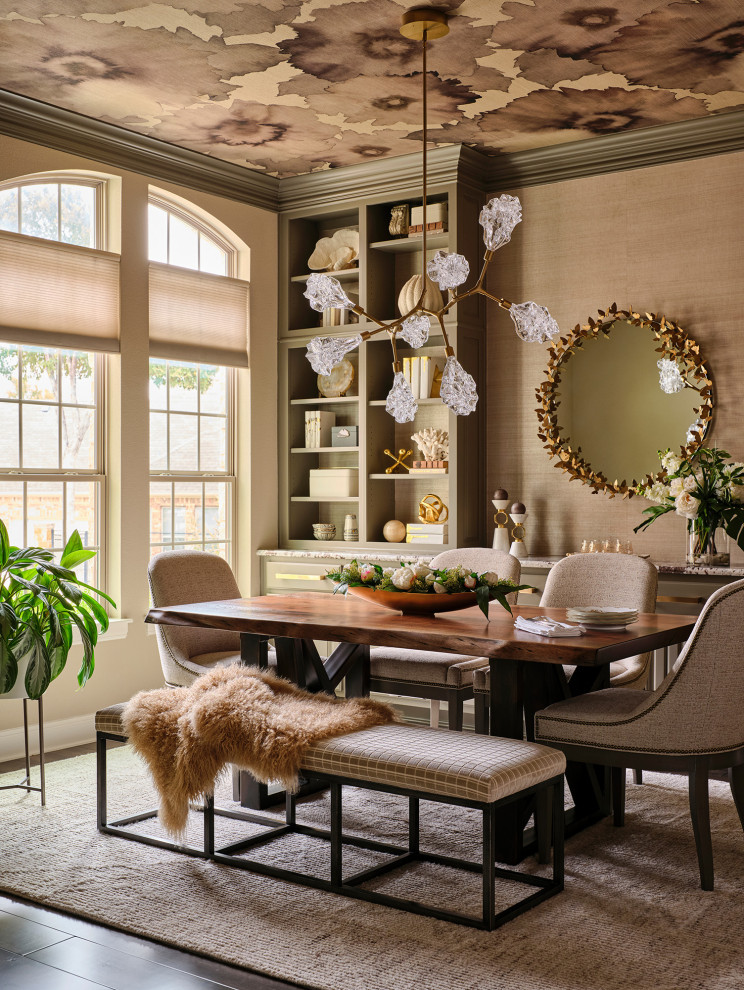 Elegant wallpaper ceiling dining room photo in Austin with beige walls