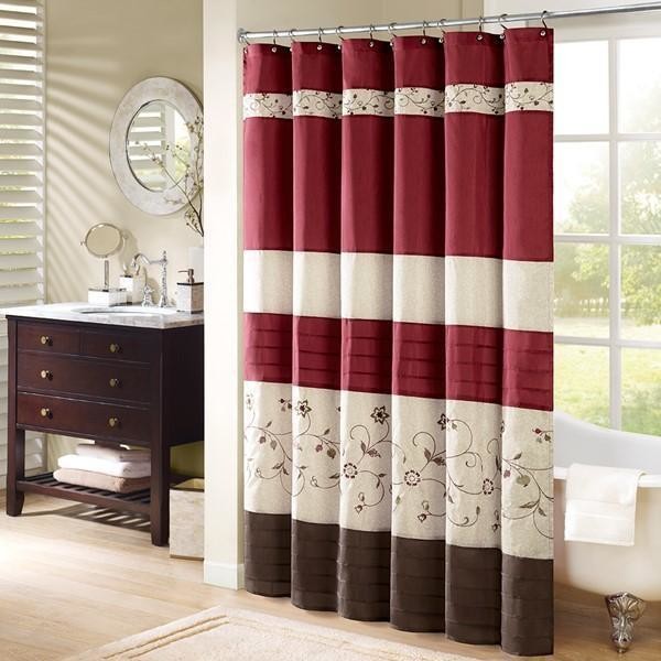 Madison Park Faux Silk Embroidered Floral Shower Curtain With Red