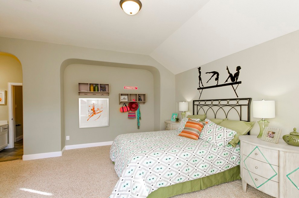 Traditional kids' room in Dallas with grey walls and carpet for girls.