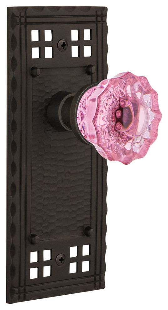 Craftsman Plate Passage Crystal Pink Glass Knob, Oil-Rubbed Bronze