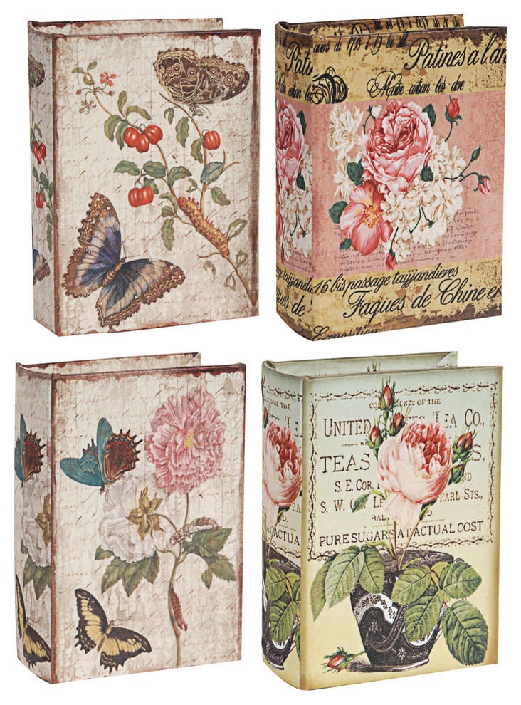 Vintage Style Book Boxes Florals, 4-Piece Set - Contemporary