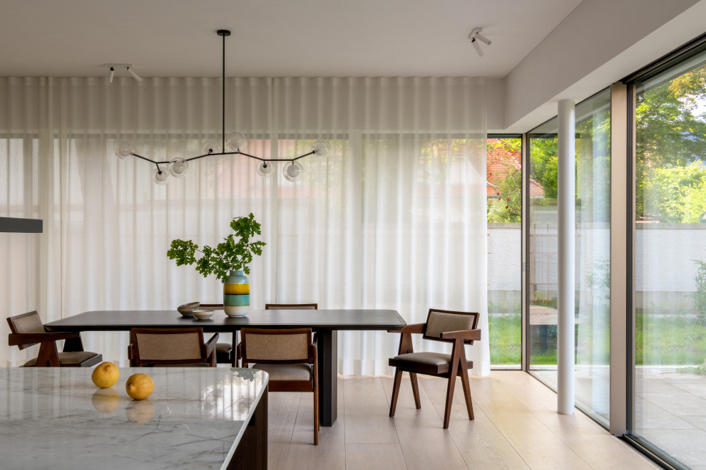 Ispirazione per una grande sala da pranzo aperta verso il soggiorno moderna con pareti bianche, parquet chiaro e pavimento beige