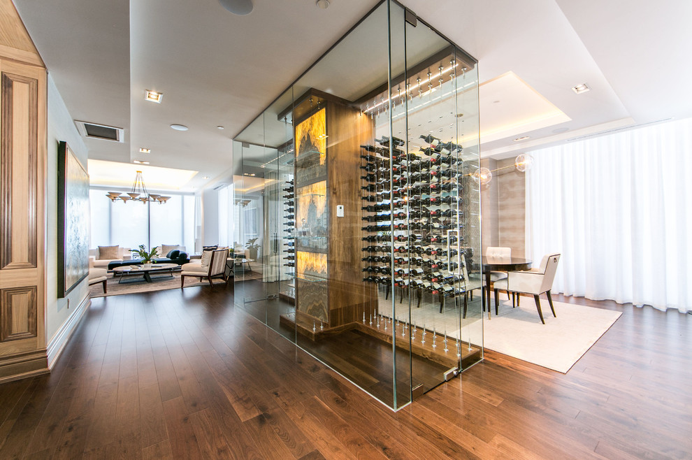 Photo of a contemporary wine cellar in Toronto with storage racks.