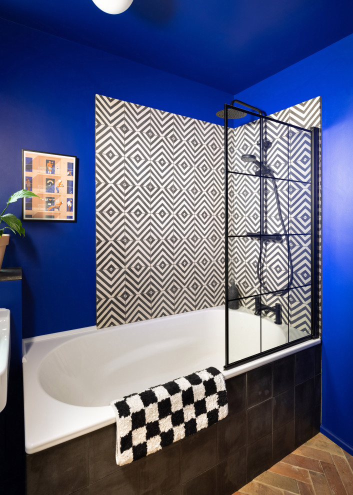 True blue bathroom makeover with black and white accents - Contemporary ...