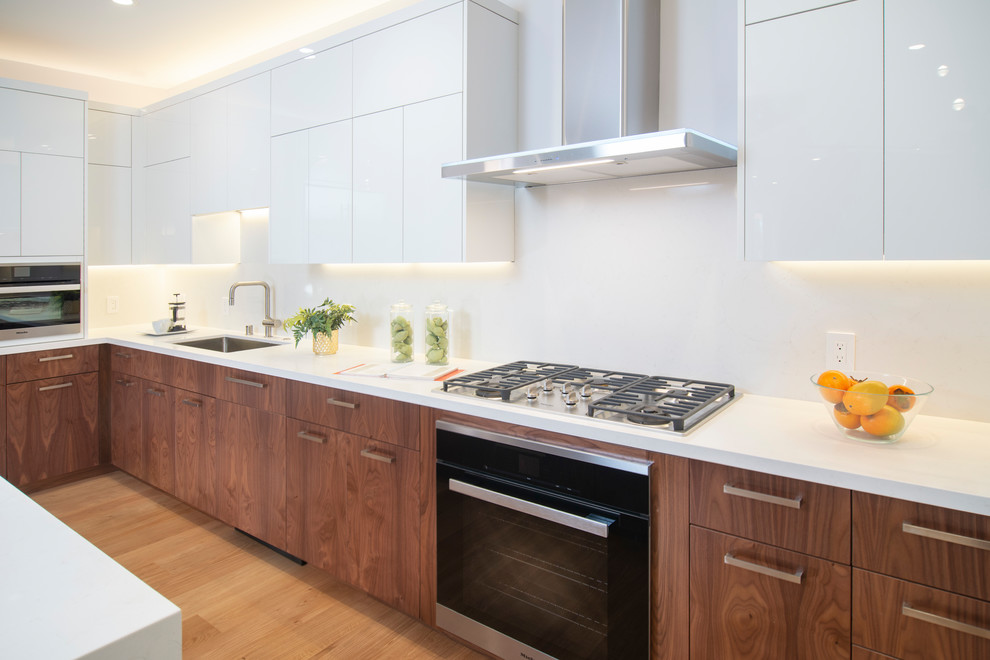 Inspiration for a contemporary l-shaped kitchen in San Francisco with flat-panel cabinets and white cabinets.