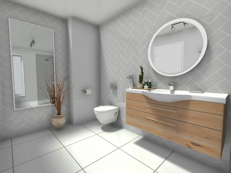 Idee per una stanza da bagno padronale nordica con piastrelle bianche e due lavabi