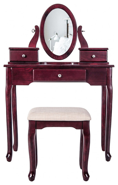 Vanity Set With Flip Top Mirror Makeup Dressing Table And Cushioned Stool
