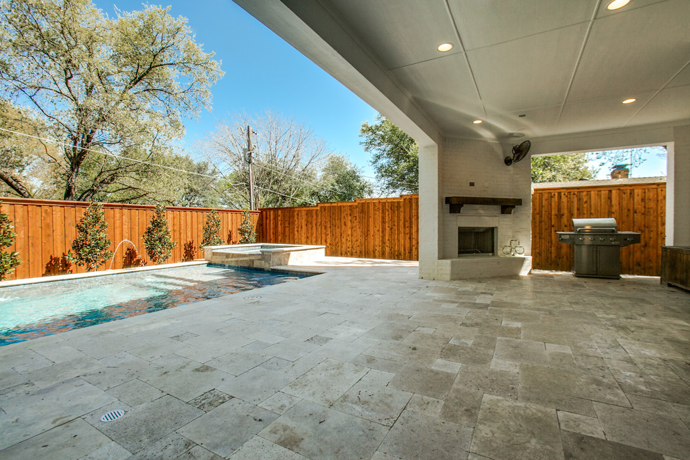 Mid-sized transitional backyard rectangular lap pool in Dallas with a hot tub and tile.