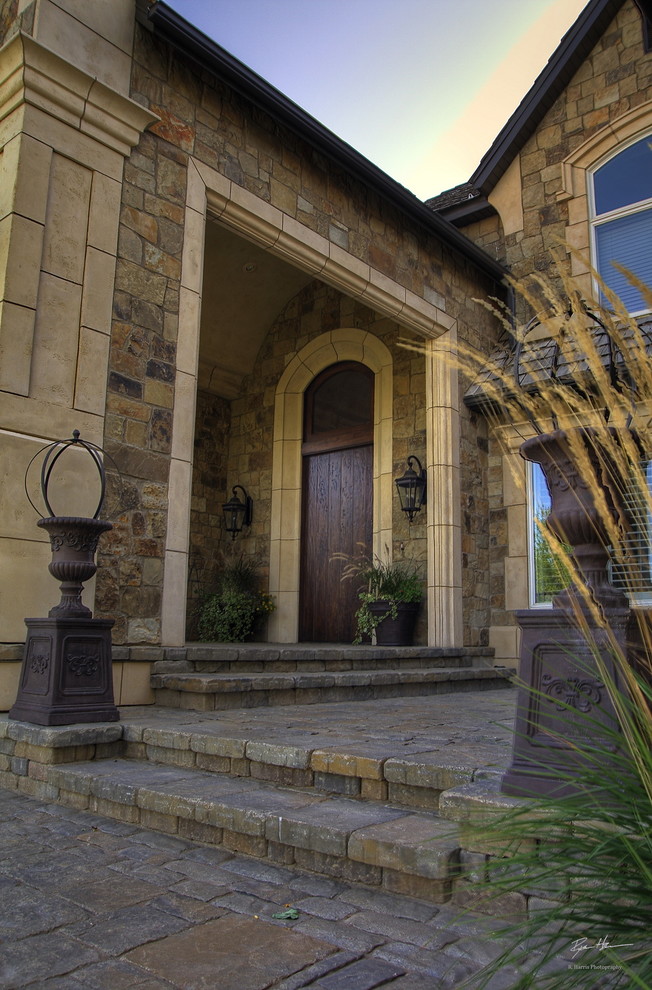 This is an example of a traditional entryway in Other with a single front door and a dark wood front door.
