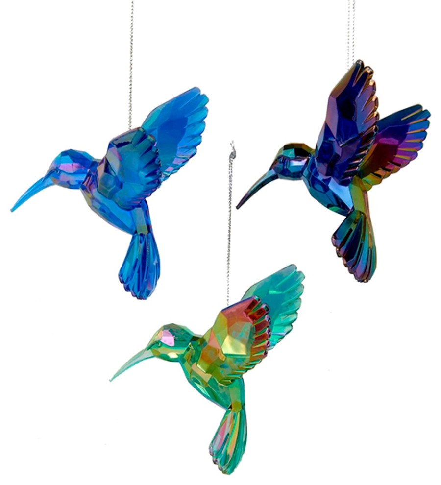 Acrylic Green Blue and Purple Hummingbirds Holiday Ornaments Set of 3