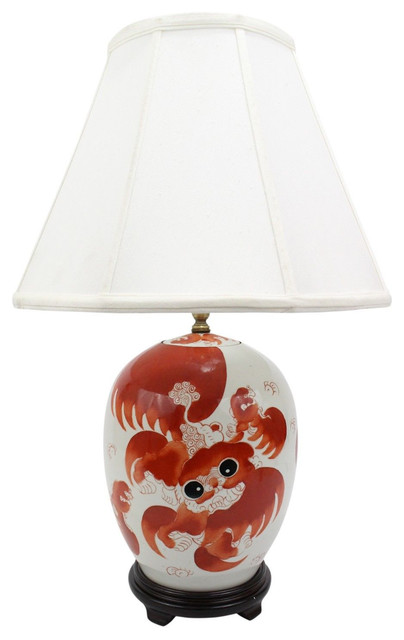Vintage Style Orange Foo Dog Porcelain Lamp With Shade And Finial Vintage Style Orange Foo Dog Porcelain Lamp With Shade And Finial