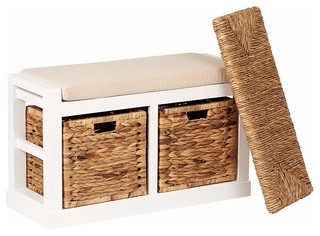 Traditional 2 Basket Storage Bench White Foam And Wicker Seat