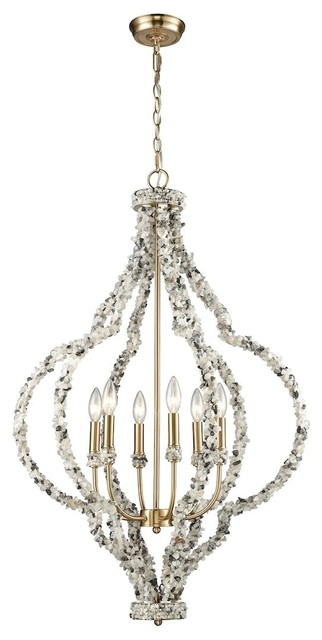 Agate Stones 6 Light Chandelier In Satin Brass With Agate Stone Wrapped Frame