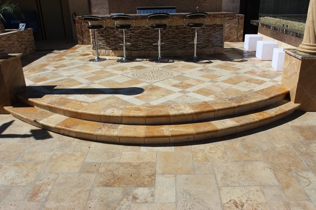 Tuscay Porcini Travertine Tile Bbq Area Traditional Patio