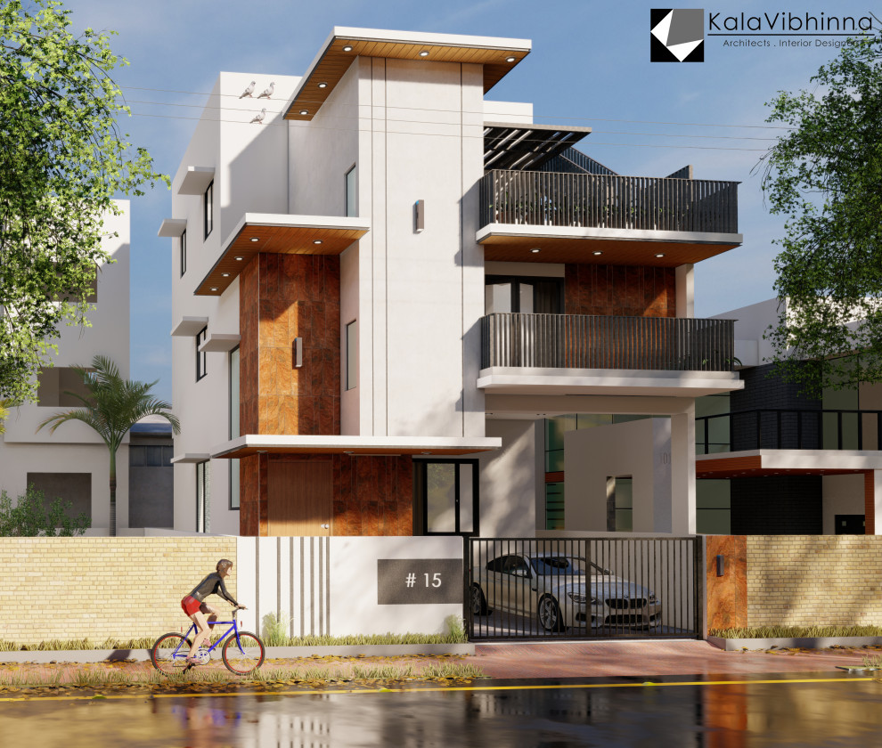 Mittelgroße, Zweistöckige Moderne Doppelhaushälfte mit weißer Fassadenfarbe, Flachdach, Misch-Dachdeckung und weißem Dach in Bangalore
