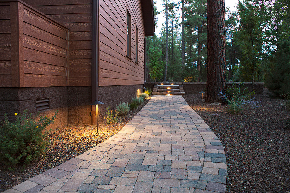 Expansive contemporary side yard partial sun driveway in Phoenix with brick pavers.