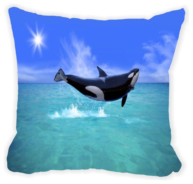 Killer Whale Jump In Blue Ocean Microfiber Throw Pillow, With Fill - Contemporary - Decorative ...