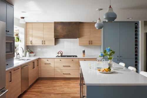 Modern Canadian kitchen with RTA cabinets in natural wood and blue finish, easy-to-assemble ready-to-assemble cabinetry for DIY homeowners