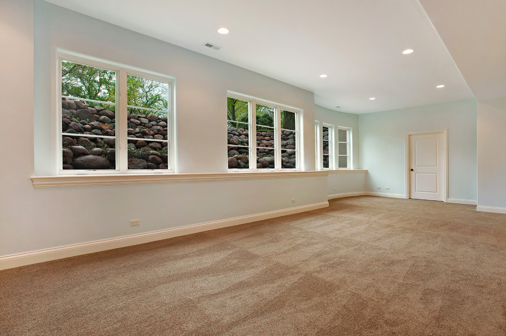 Photo of a large traditional look-out basement in Chicago with blue walls and carpet.